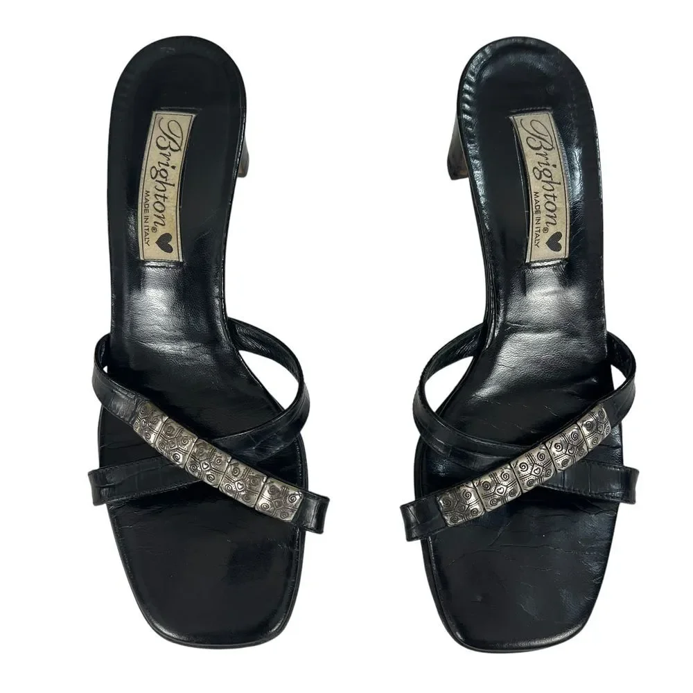 Brighton Taylor Silver Embalishmente Stap Black Leather Sandals Womens Size 6.5M